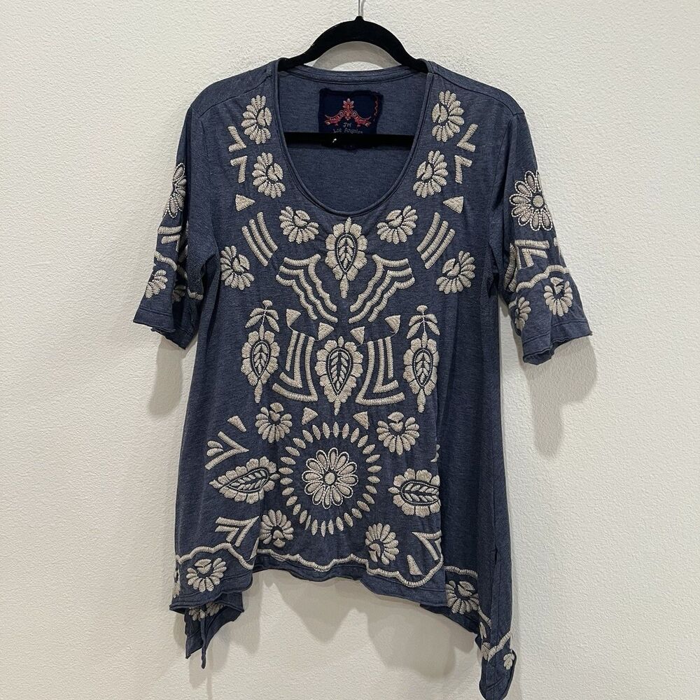 JWLA Johnny Was Tunic Top Boho Shirt Womens 3/4 Sleeve Blue Embroidered Tribal